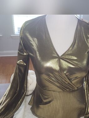 Michael Kors Metallic Wrap-Style Long Sleeve"Antique Bras" Shimmering Golden Top